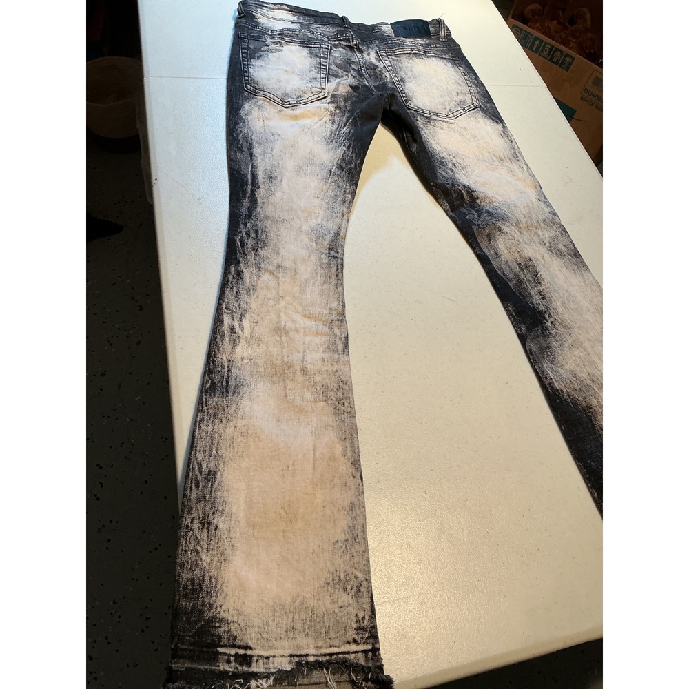 THRT Denim Women 36 Black White Acid Wash Distressed Flared Jeans Raw Hem Street